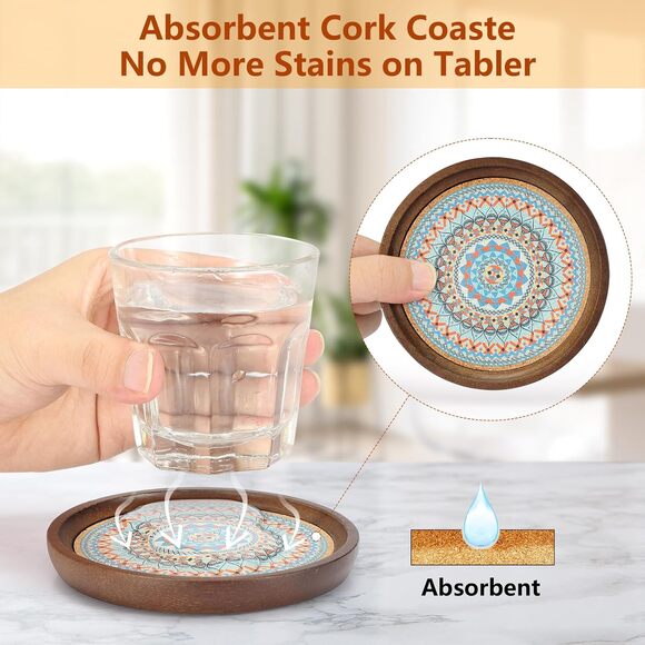 Wooden Absorbent Coasters Set 4.7" Mandala Design Cork Base for Coffee Cups - Picture 4 of 9